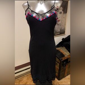 Betsey Johnson- Medium Adult Dress. Black with mesh & multi colour Flower trim